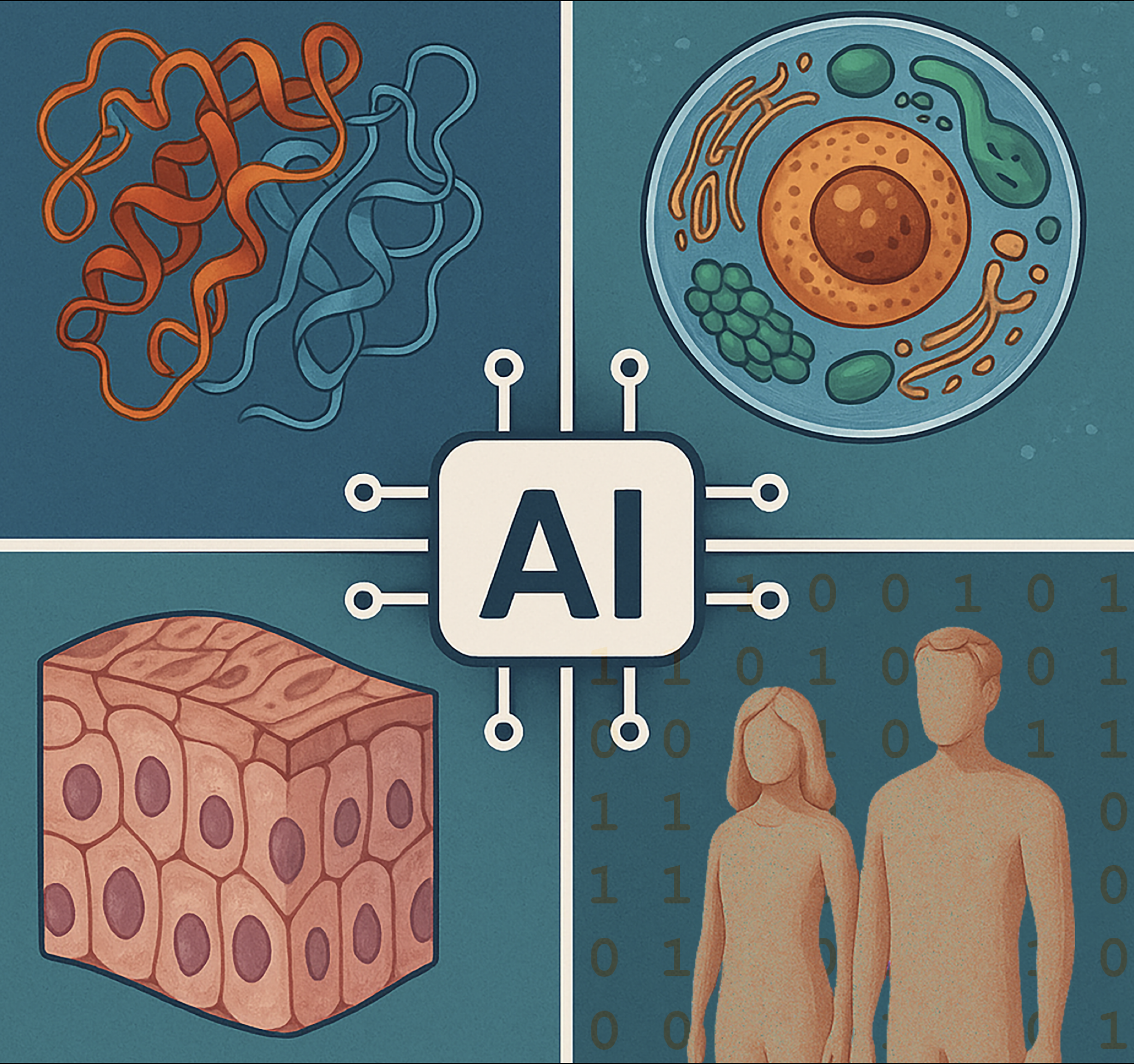 Multimodal AI Across Scales — illustration of protein structure, cell, tissue, and human figures connected to a central AI processor